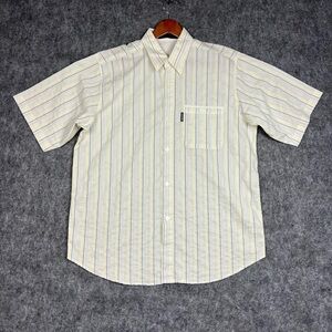 MASATOMO Men's Short-Sleeve Button-Down Shirt in Pale Yellow Stripe Size XL
